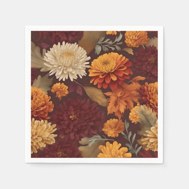 Servilleta De Papel Otoño Marigolds Chrysanthemums and Asters Pattern (Anverso)