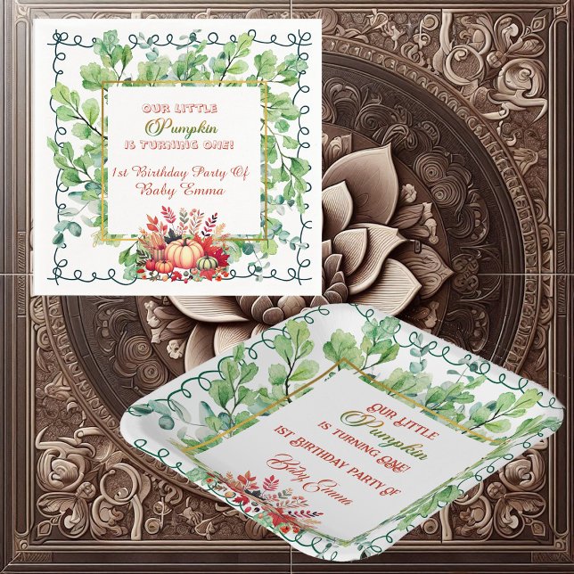 Servilleta De Papel Our Little Pumpkin 1st Birthday Green Fall Wreath  (Our Little Pumpkin 1st Birthday Green Fall Wreath Napkins)