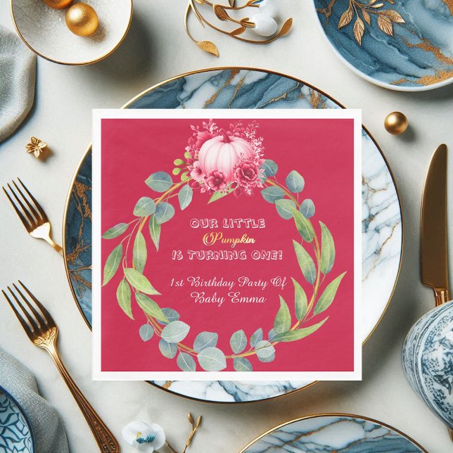 Servilleta De Papel Our Little Pumpkin 1st Birthday Green Wreath Pink (Our Little Pumpkin 1st Birthday Green Wreath Pink Napkins)
