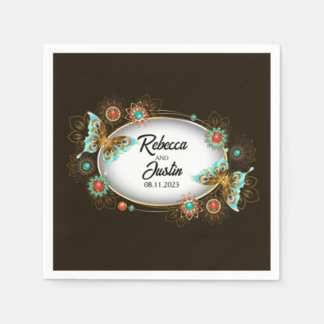 Servilleta De Papel Oval Gold Butterflies Black Modern Boho (Anverso)