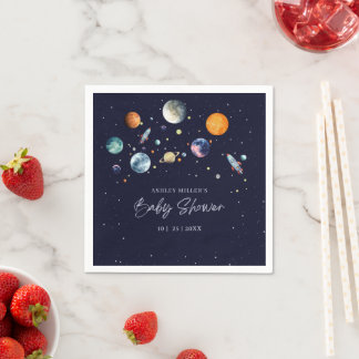 Servilleta De Papel Over The Moon Boy Baby Shower Invite, Space Galaxy