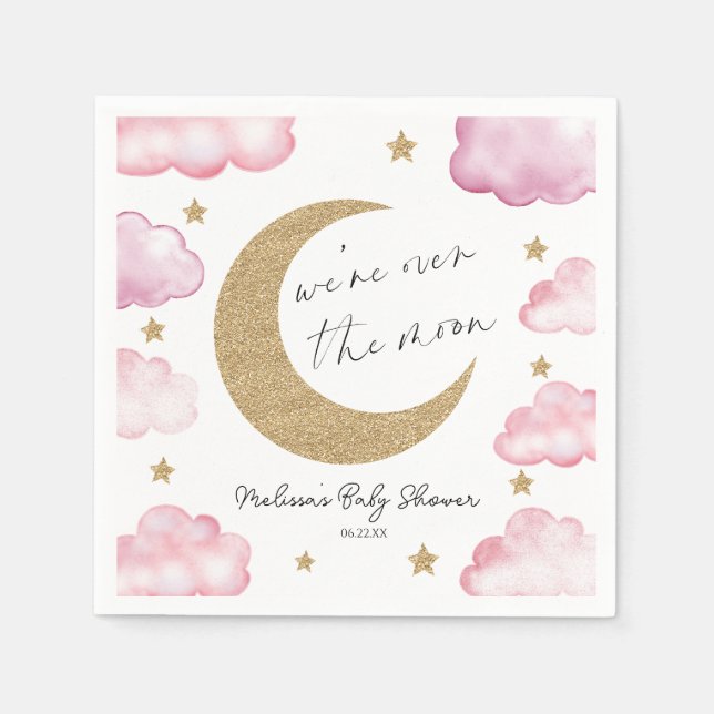 Servilleta De Papel Over The Moon Celestial Pink Clouds Baby Shower (Anverso)