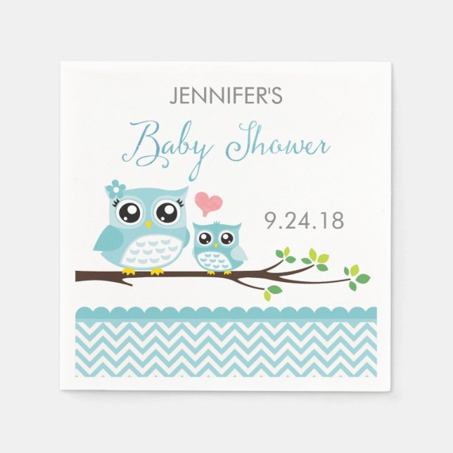 Servilleta De Papel Owl Baby Shower Napkins | Blue Chevron Boy (Anverso)