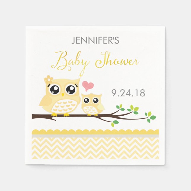 Servilleta De Papel Owl Baby Shower Napkins | Chevron amarillo (Anverso)