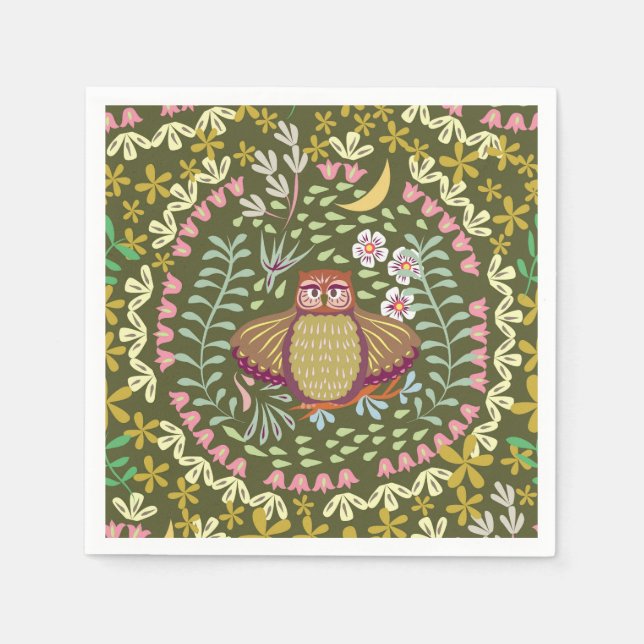 Servilleta De Papel Owl Folk Green (Anverso)
