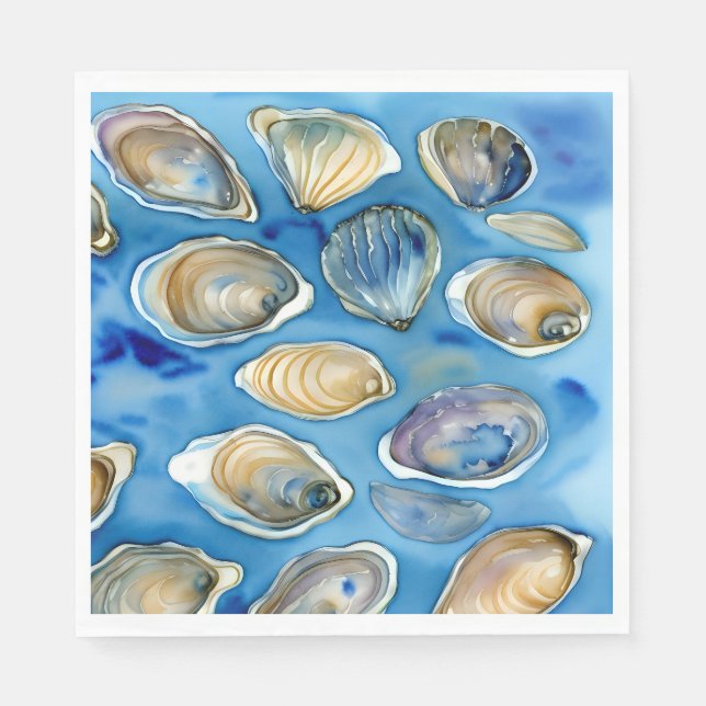Servilleta De Papel Oysters Clams Seashells Watercolor Azul (Anverso)