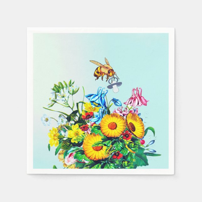 Servilleta De Papel Pacificador Floral Azul de abejas Baby Shower (Anverso)