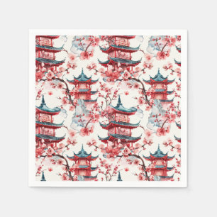 Servilleta De Papel Pagoda china acuarela con flores de cerezo (8)