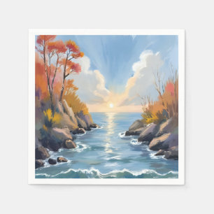 Servilleta De Papel Paisaje de acuarela de luz solar de río de otoño