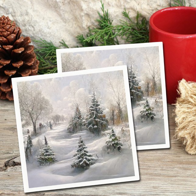 Servilleta De Papel Paisaje de bosque invernal Feliz Navidad (Pretty Holiday Napkins Woodland Landscape)