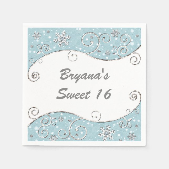 Servilleta De Papel Paisaje Invernal Remolinos Plateados Azules (Anverso)