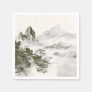 Servilleta De Papel Paisaje minimalista de montaña zen con tinta brumo