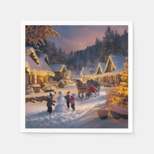 Servilleta De Papel Paisaje Navideño Invernal Pueblo Nevado