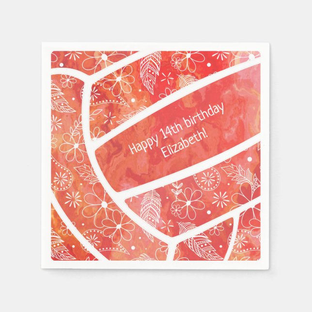 Servilleta De Papel Paisley feather doodles voleibol rojo naranja (Anverso)