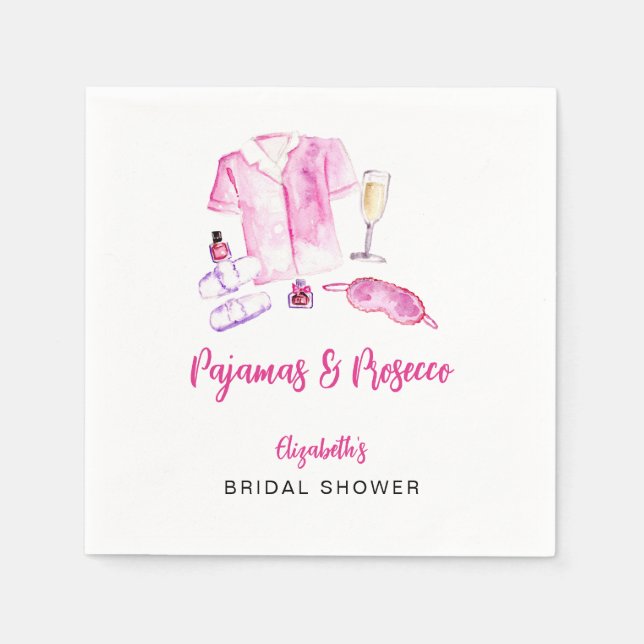 Servilleta De Papel Pajamas and Prosecco Bridal Shower Pink Script  (Anverso)
