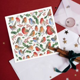 Servilleta De Papel Pajarito de Navidad Rojo Verde Adorable Acuarela