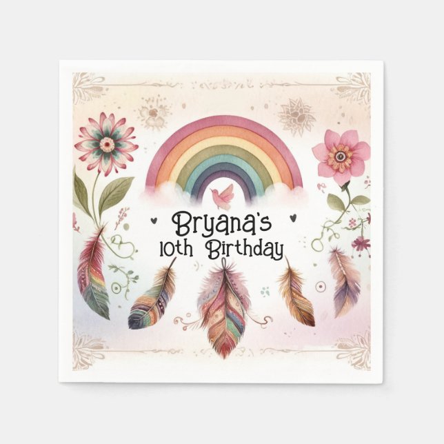Servilleta De Papel Pájaro Arcoíris Acuarela y Plumas Cumpleaños Boho (Anverso)