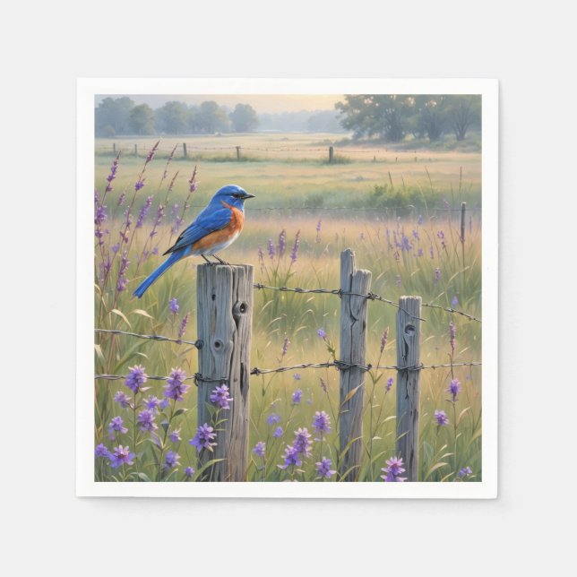 Servilleta De Papel Pájaro Azul En Un Puesto De Alambre (Anverso)