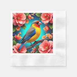 Servilleta De Papel Pájaro Cantador Posado Entre Flores Brillantes