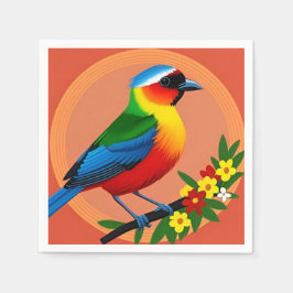 Servilleta De Papel Pájaro Colorido Encaramado Entre Flores Vivas