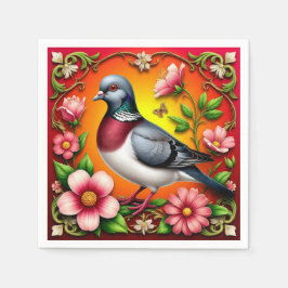 Servilleta De Papel Pájaro Colorido Encaramado Entre Flores Vivas