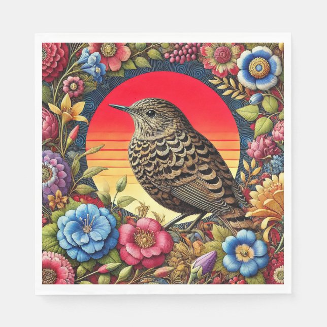 Servilleta De Papel Pájaro entre flores coloridas (Anverso)