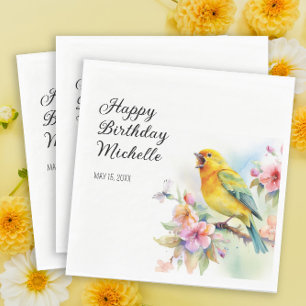 Servilleta De Papel Pájaros Antiguos Canarios Flores Feliz Cumpleaños