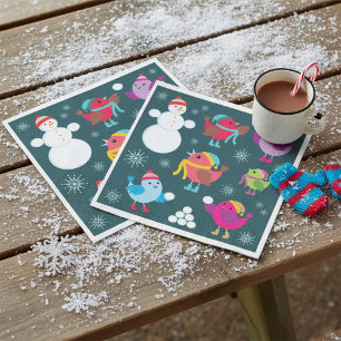 Servilleta De Papel Pájaros de invierno jugando en la nieve con un muñ