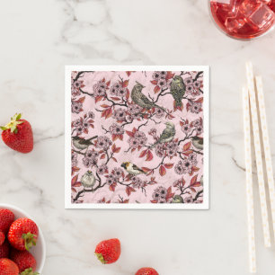Servilleta De Papel Pájaros y flor de cerezo sobre rosa pink
