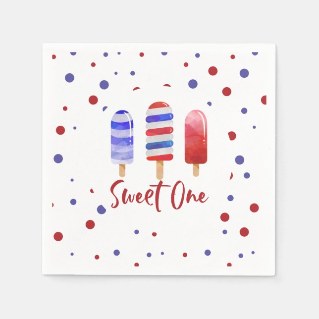 Servilleta De Papel Paletas Dulce Uno Cumpleaños 1 Rojo Blanco Azul (Anverso)