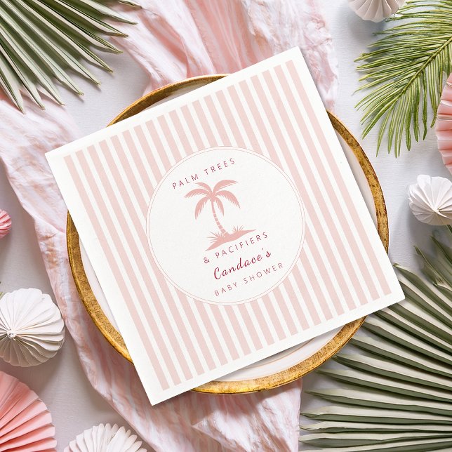 Servilleta De Papel Palmeras y Chupetes Rosa Cumpleaños de Bebé Coster (Preppy coastal baby shower paper napkin with aqua palm tree cabana stripe design)