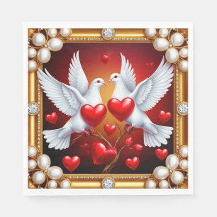 Servilleta De Papel Palomas Blancas Amorosas Enmarcadas con Corazones