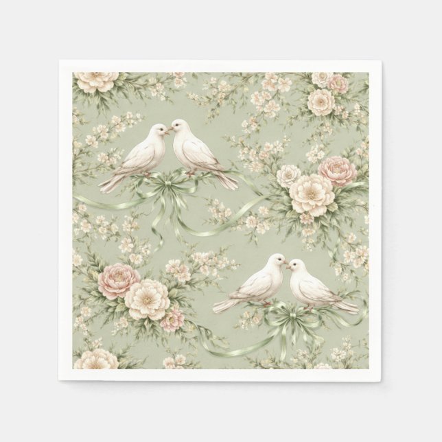 Servilleta De Papel Palomas de boda y cintas verde salvia (Anverso)