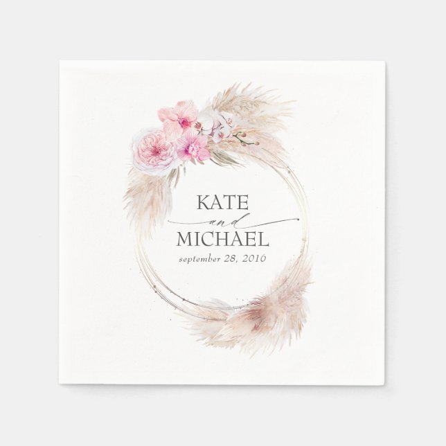 Servilleta De Papel Pampas Grasas y orquídeas rosadas Floral Tropical (Anverso)