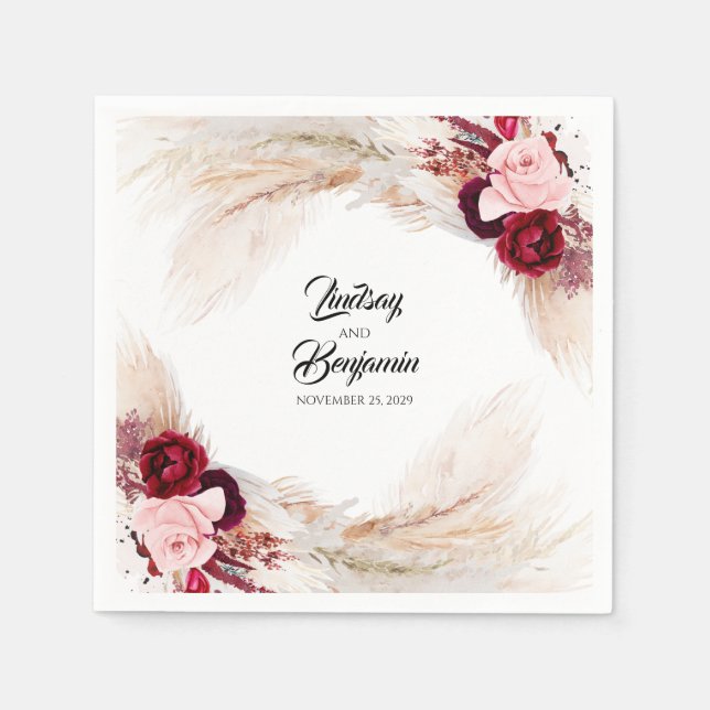 Servilleta De Papel Pampas Grass Burgundy Red Floral Boda (Anverso)