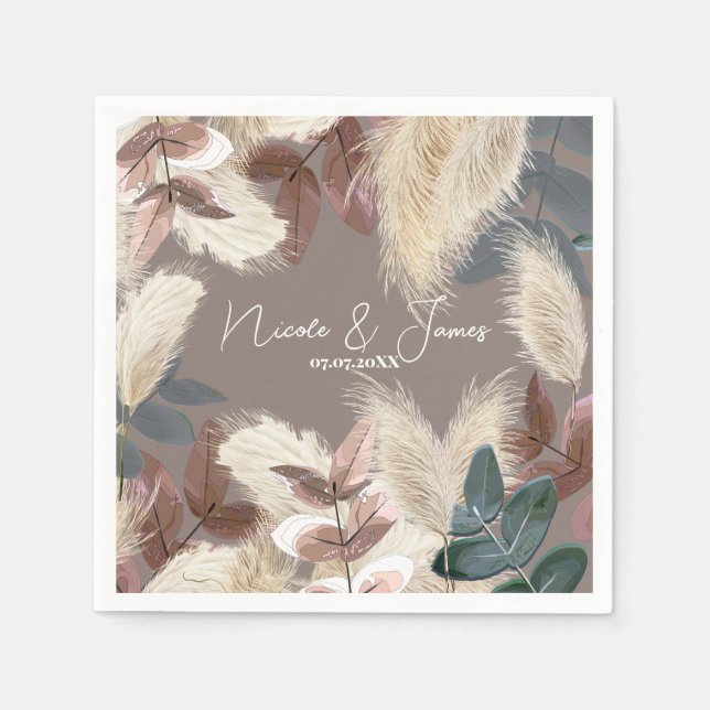 Servilleta De Papel Pampas Grass & Leaves Earthy Bohemira Boda (Anverso)
