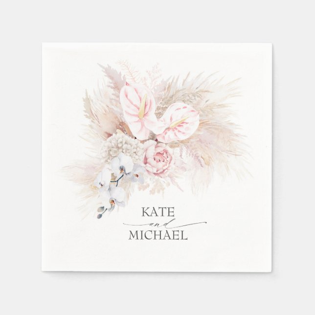 Servilleta De Papel Pampas Grass Pink Anthuriums Elegante Tropical (Anverso)