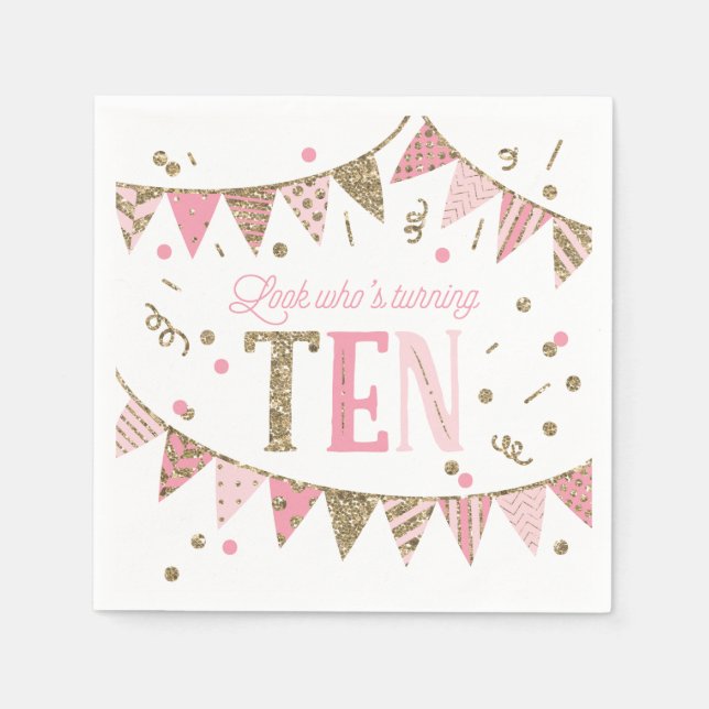 Servilleta De Papel Pancartas con Purpurinas rosados y dorados 10 cump (Anverso)