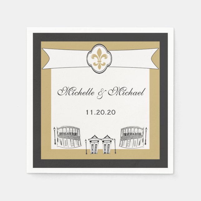 Servilleta De Papel Panorama del Barrio Francés Oro Negro Personalizad (Anverso)