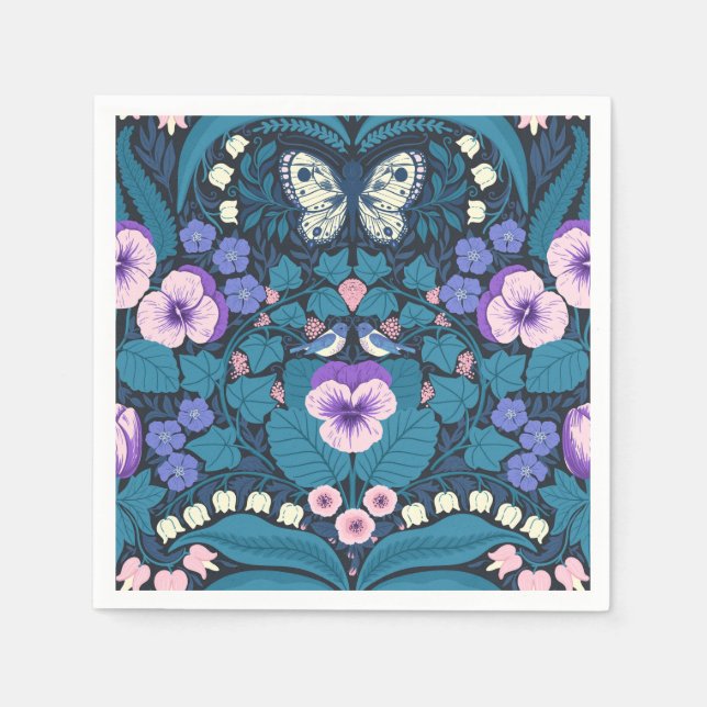 Servilleta De Papel Pansias, pájaros y mariposas (Anverso)