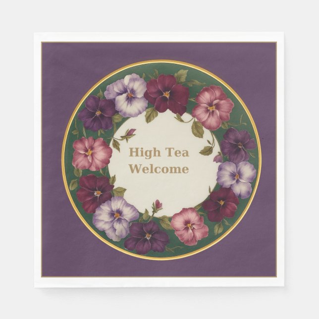 Servilleta De Papel Pansy High Tea Napkins • Deep Plum & Gold (Anverso)