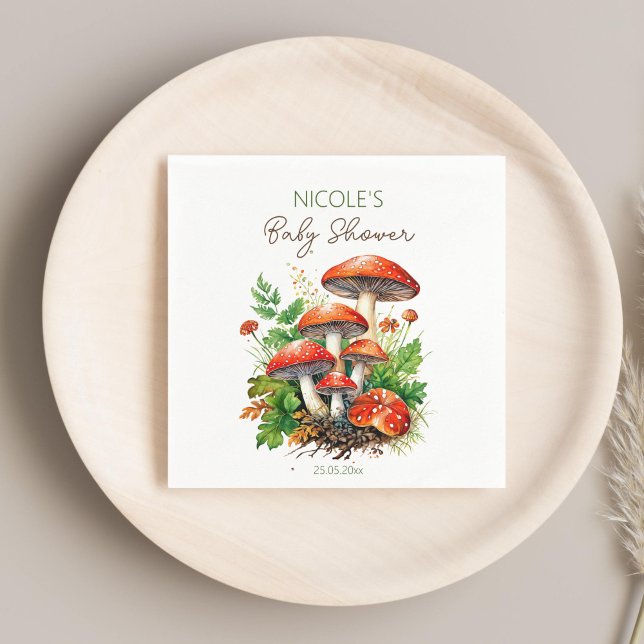 Servilleta De Papel Pantalón impreso para la ducha de bebé de hongos s (Wild forest red mushrooms fern baby shower monogram printed template napkins personalized decor)