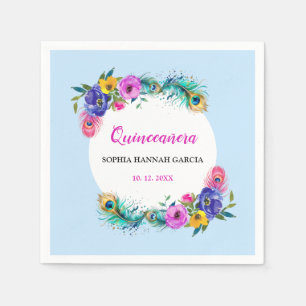 Servilleta De Papel Pañuelas de pavo real y flores azul de quinceañera