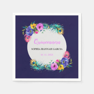 Servilleta De Papel Pañuelas de pavo real y flores Quinceañera púrpura