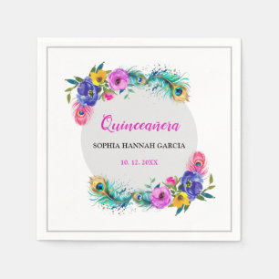 Servilleta De Papel Pañuelos de pavo real y flores Quinceañera Blanco