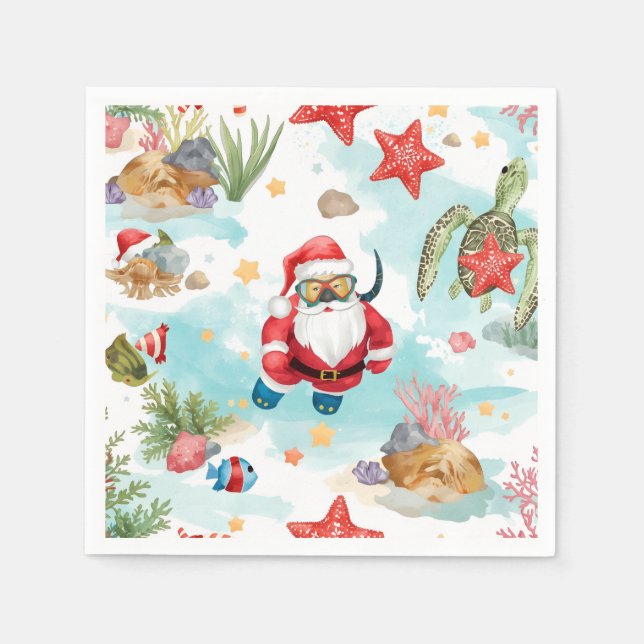Servilleta De Papel Papá Noel Buceador Navidad Subacuática (Anverso)