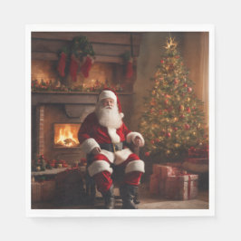 Servilleta De Papel Papá Noel con árbol de Navidad y chimenea