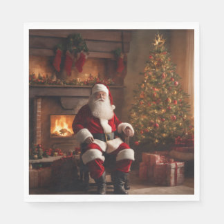 Servilleta De Papel Papá Noel con árbol de Navidad y chimenea