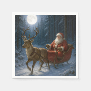 Servilleta De Papel Papá Noel conduciendo un trineo a la luz de la lun