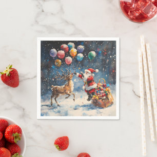 Servilleta De Papel Papá Noel de Acuarela Festiva Reno Globo Colorido